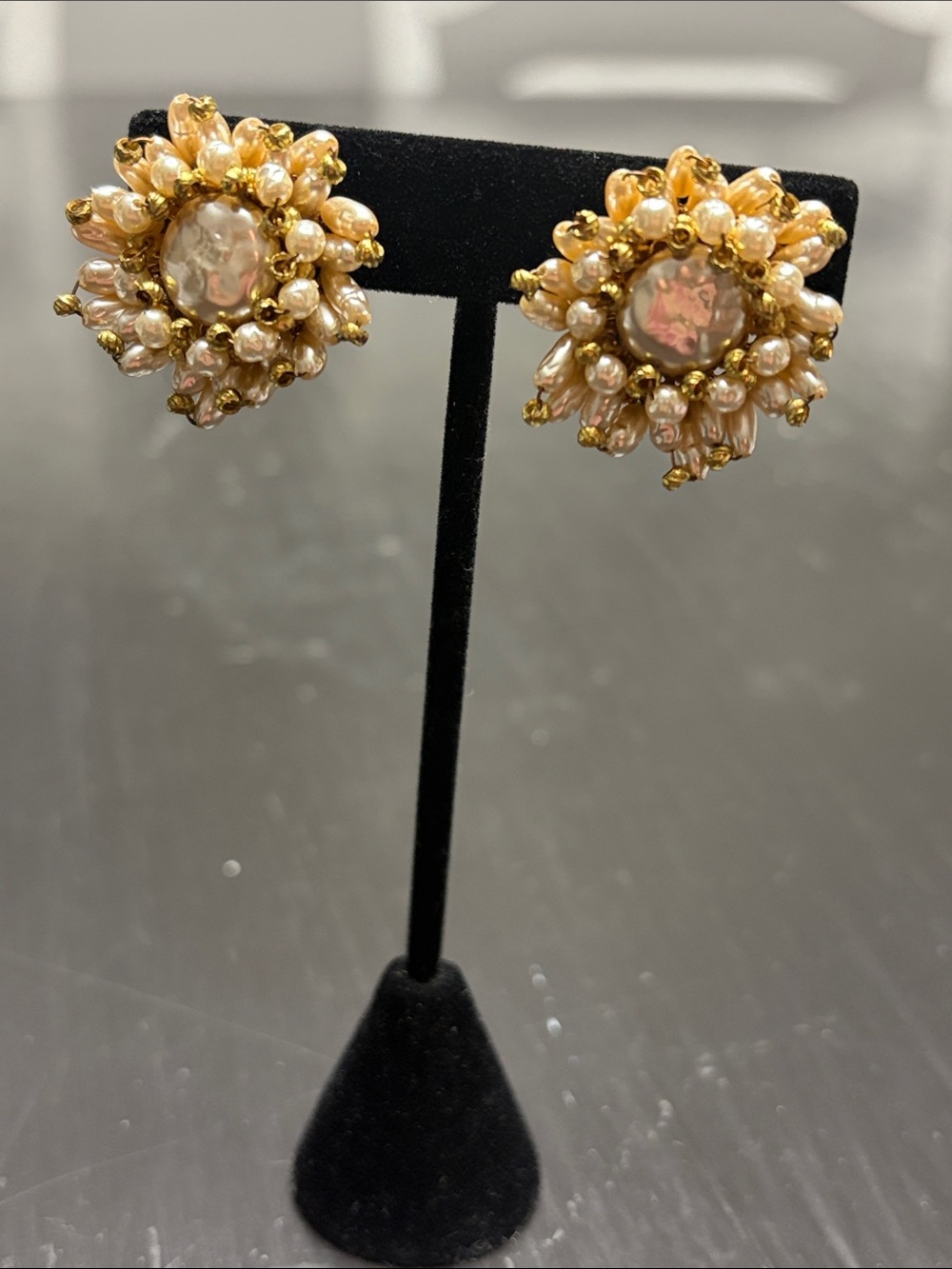 Rare Miriam Haskell Gold and Cream Pearl Cluster Clip Earrings